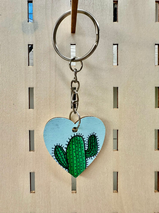 Blue Cactus Love Heart Keychain