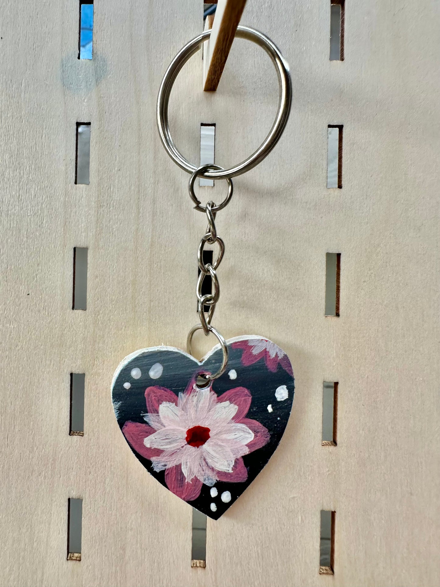 Black Flower Love Heart Keyring