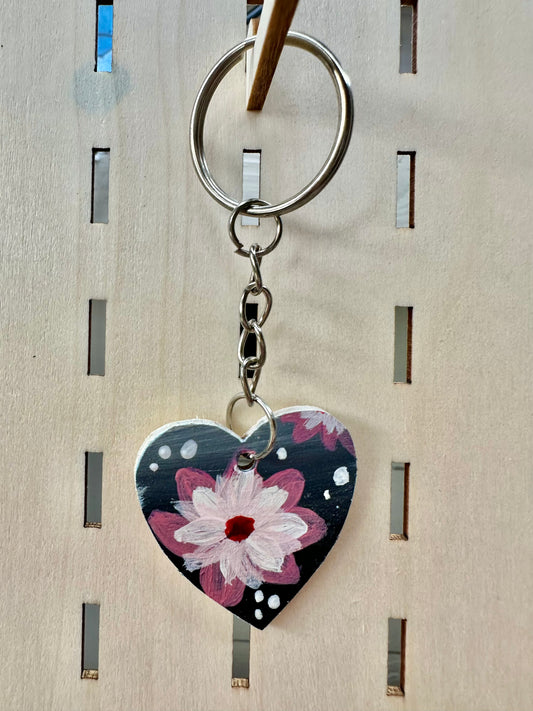 Black Flower Love Heart Keyring