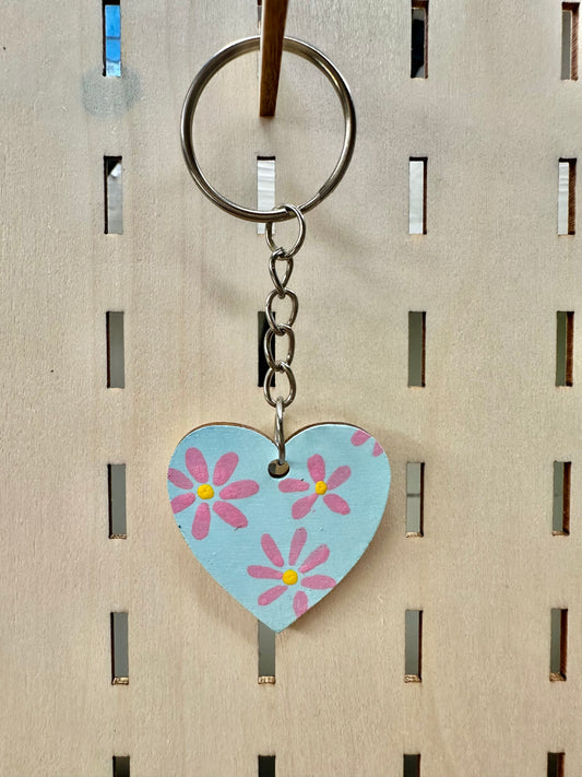 Pink Flower Love Heart Keyring